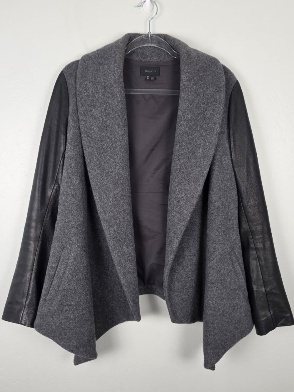 Theory Laura Lamb Leather Sleeve Virgin Wool Cashmere Jacket Gray Black Size M
